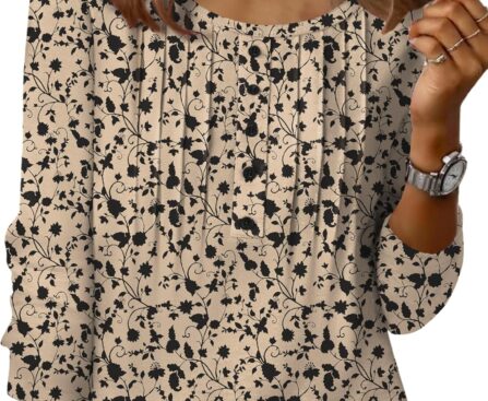 Zeagoo 3/4 Length Sleeve Womens Tops Round Neck Casual Summer Tunic Tops Basic Tees Blouses Dressy T-Shirts Pleated Shirts