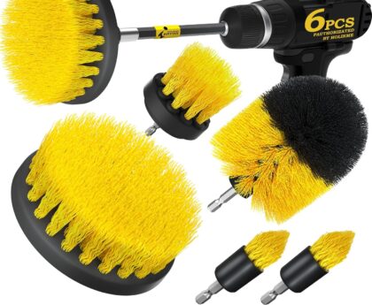 Holikme 6Pack Drill Brush Power Scrubber Cleaning Brush Extended Long Attachment Set All Purpose Drill Scrub Brushes Kit for Grout, Floor, Tub, Bathroom and Kitchen Surface,Scratch Brushes（Yellow）