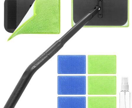 Windshield Cleaner Tool with 6 Reusable Magic Fiber Pads & Spray Bottle, Removable Handle Car Window Wiper Kit for Interior/Exterior Glass, Trucks, SUVs, RV (Dry & Wet Use)