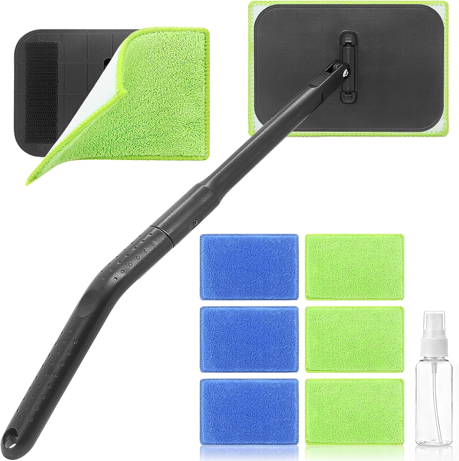 Windshield Cleaner Tool with 6 Reusable Magic Fiber Pads & Spray Bottle, Removable Handle Car Window Wiper Kit for Interior/Exterior Glass, Trucks, SUVs, RV (Dry & Wet Use)