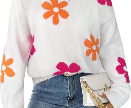 Womens Oversized Cute Flower Sweater Fall 2025 Trendy Vintage Y2k Floral Knit Crewneck Long Sleeve Pullover Tops