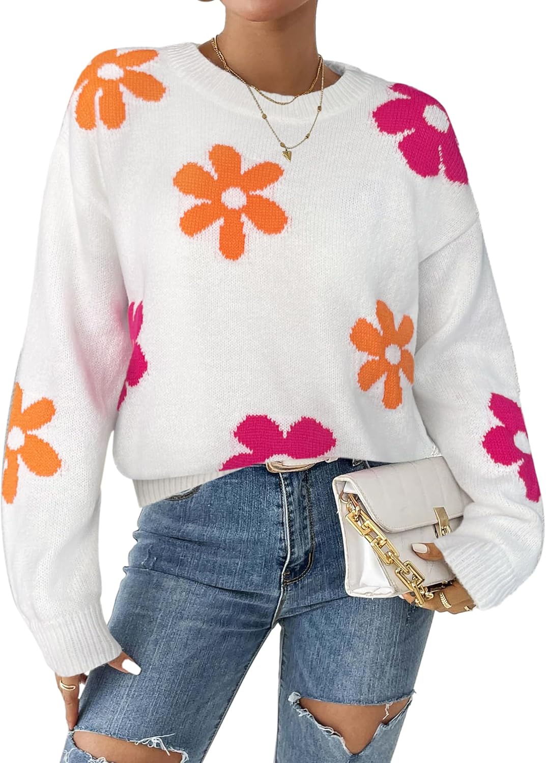 Womens Oversized Cute Flower Sweater Fall 2025 Trendy Vintage Y2k Floral Knit Crewneck Long Sleeve Pullover Tops