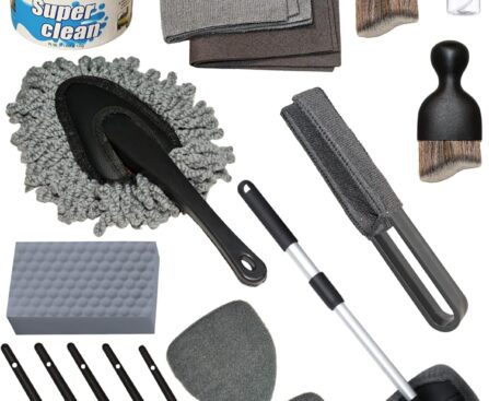 18Pcs Professional Car Interior Detailing Kit All-in-One Cleaning Tools for Windows, Dashboard, Vents, Windshield Cleaner Brush, Magic Sponge, Chamois Cloth, Detailing Brushes & Accessories