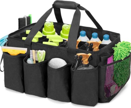 Extra-Large Cleaning Caddy, Organizer with Handles for Cleaning Tools & Products Storage, Large Capacity Tote Bag for Car, Home & Housekeeping Work, Black