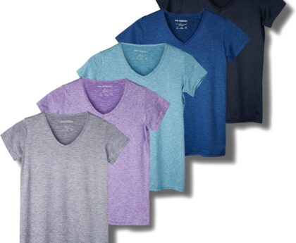 Real Essentials 5 Pack: Women’s Dry Fit Short Sleeve V Neck Workout Top – Fitness Gym Athletic Yoga T-Shirt (Plus Available)