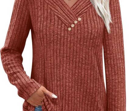 SAMPEEL Sweaters for Women Long Sleeve Shirts V Neck Tops with Buttons Fall Fashion Outfits Winter Clothing 2025