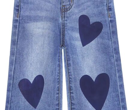 KIDSCOOL SPACE Baby Girsl Wide-Leg Jeans,Heart-shapped Leather Decoration Denim Pants
