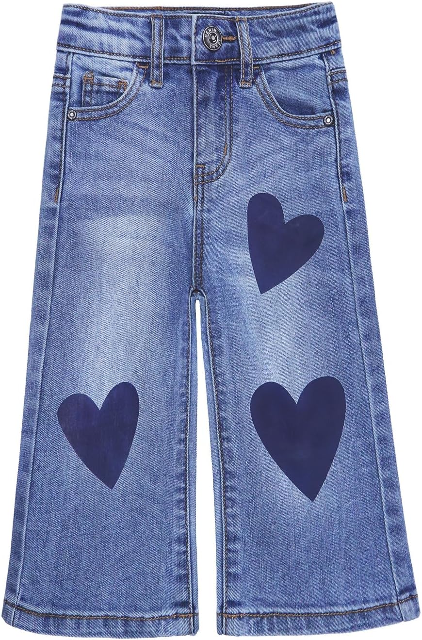 KIDSCOOL SPACE Baby Girsl Wide-Leg Jeans,Heart-shapped Leather Decoration Denim Pants