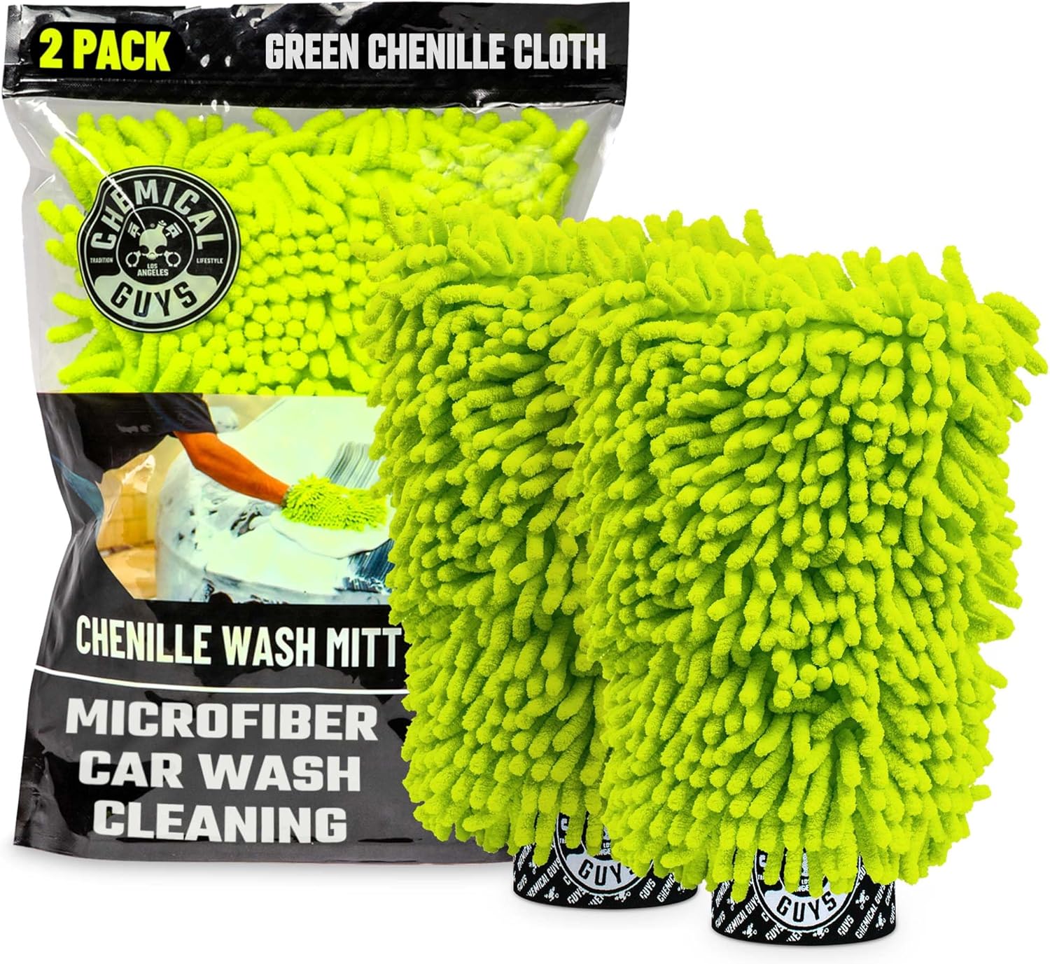 Chemical Guys Chenille Premium Scratch-Free Microfiber Wash Mitt for Car Washing – 2 Pack, Lime Green, Ultra-Soft Car Wash Gloves, Swirl-Free Finish, Safe for Trucks, SUVs, Motorcycles, and More