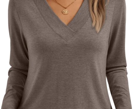 AUTOMET Long Sleeve Shirts for Women Tops V Neck Casual Top Comfortable Shirt Soft Basic Tees Women Blouses