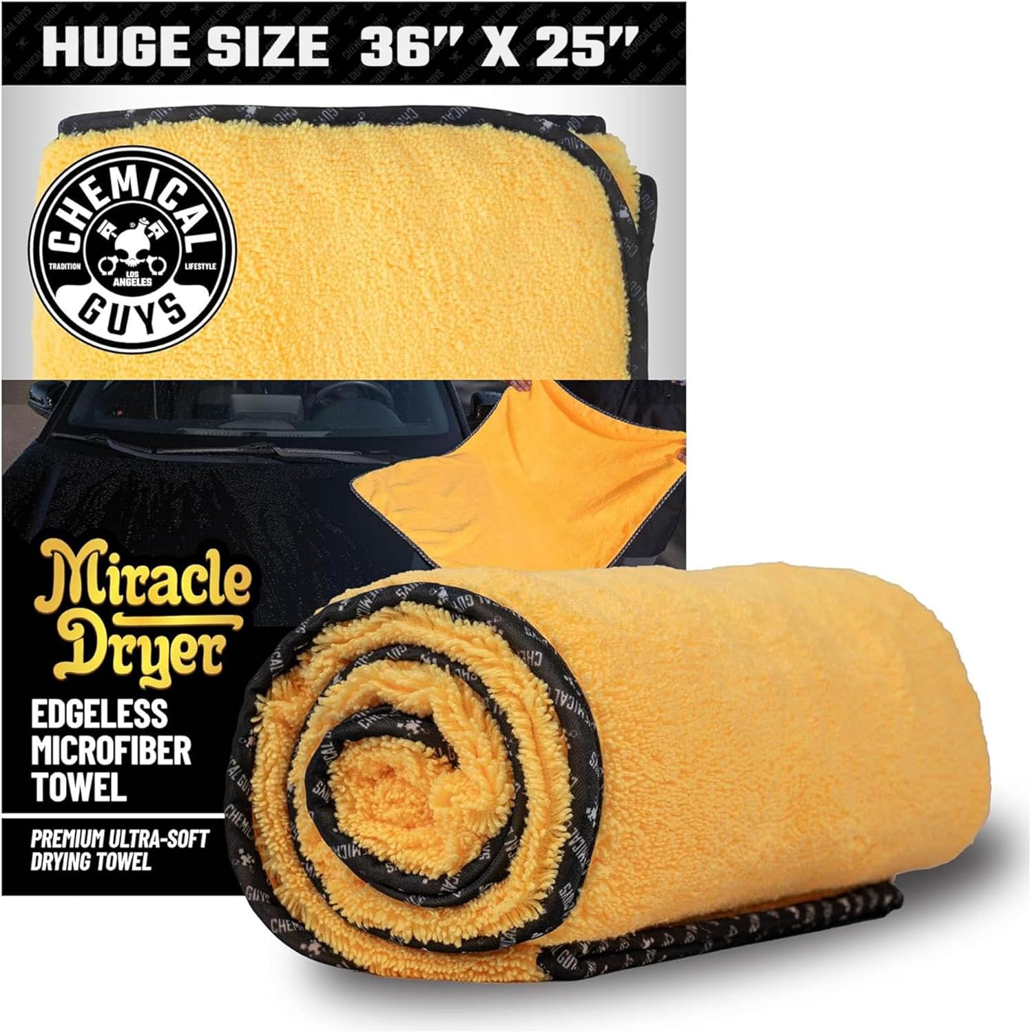 Chemical Guys ‎MIC721 Miracle Dryer Microfiber Drying Towel, (Great for Cars, Trucks, SUVs, RVs, Motorcycles & More), Yellow (36″ x 25″)