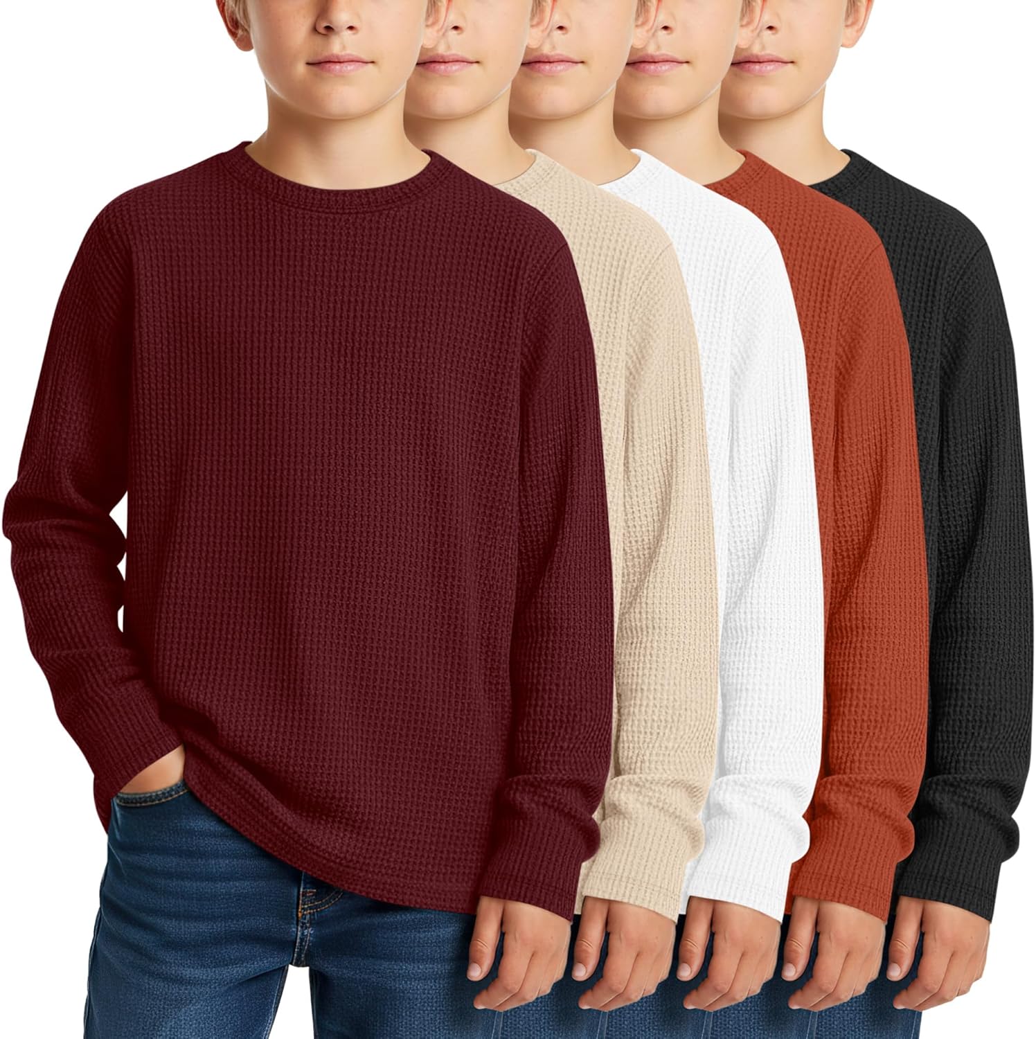 5 Pack Boy’s Long Sleeve Shirts, Waffle Knit Crew Neck Tops T-Shirts Basic Layer Undershirts 5-14 Years Kids