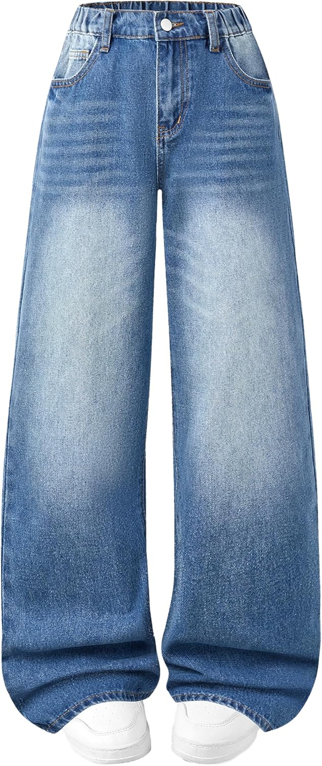 Girls Baggy Jeans Wide Straight Leg High Elastic Waisted Denim Pants Fashion Y2k Boyfriend Skater Streetwear