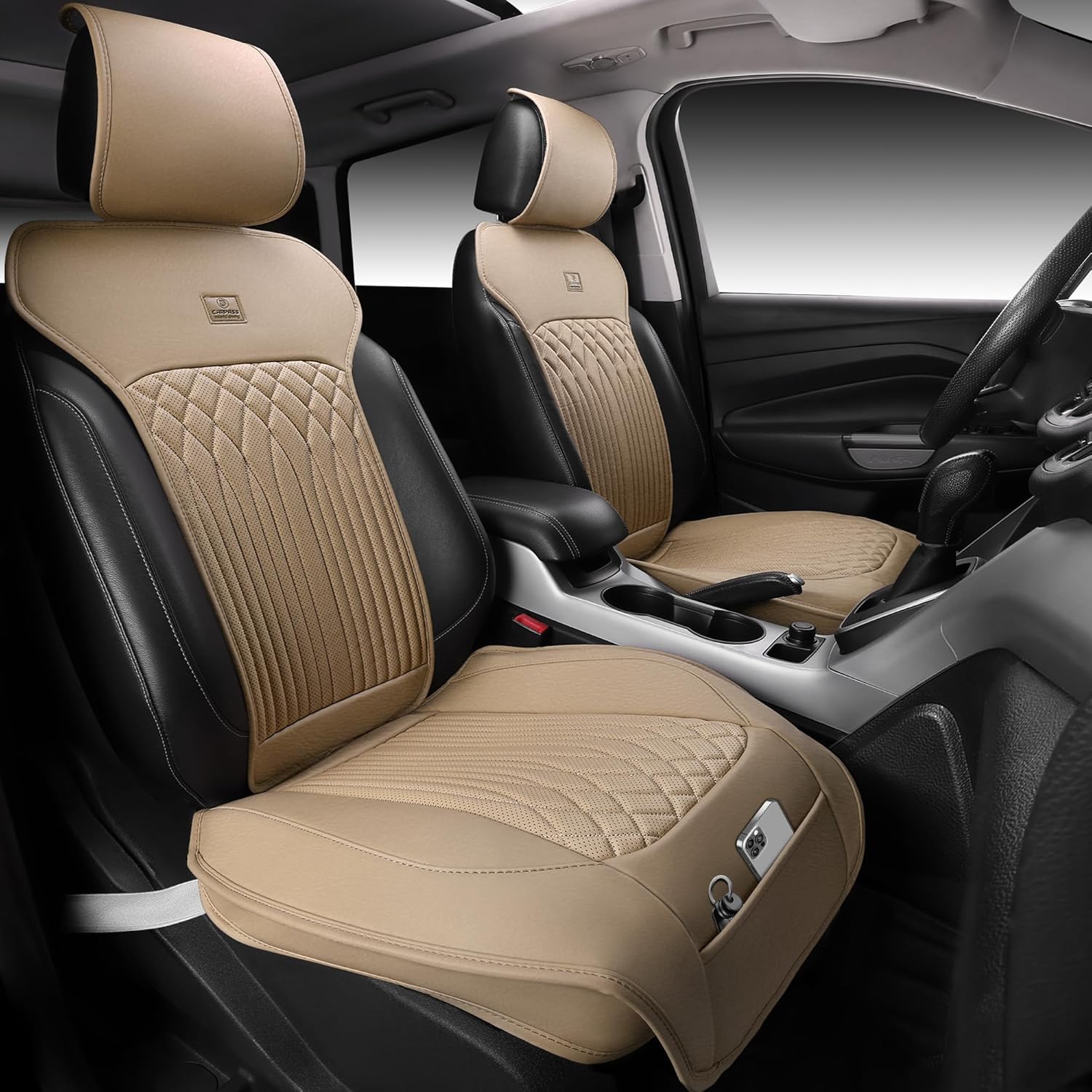 CAR PASS Car Seat Protector, 2 Pack Sideless Nappa Leather Seat Covers for Cars, All Season Waterproof Breathable Front Seats Cushion with Storage Pocket Universal Fit Vehicle Car SUV Truck, All Beige