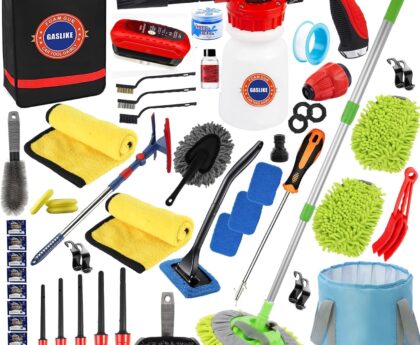 56Pcs Car Wash Cleaning Kit with Foam Gun, Car Wash Brush with Long Handle, Car Detailing Kit, Car Wheel Brush for Car Cleaning Supplies, Adjustable Hose Wash Sprayer-Quick Connector to Any Hose