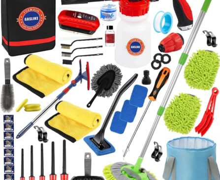 56Pcs Car Wash Cleaning Kit with Foam Gun, Car Wash Brush with Long Handle, Car Detailing Kit, Car Wheel Brush for Car Cleaning Supplies, Adjustable Hose Wash Sprayer-Quick Connector to Any Hose