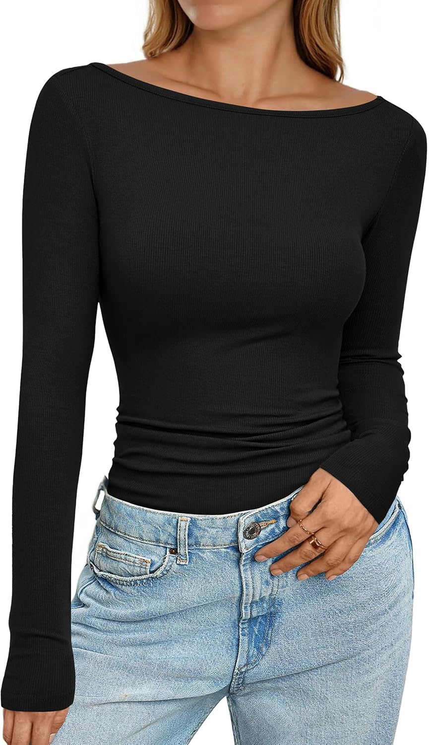 PRETTYGARDEN Long Sleeve Shirts for Women 2025 Fall Boat Neck Ribbed Knit Ruched Fitted Going Out Tops Casual Basic Tees