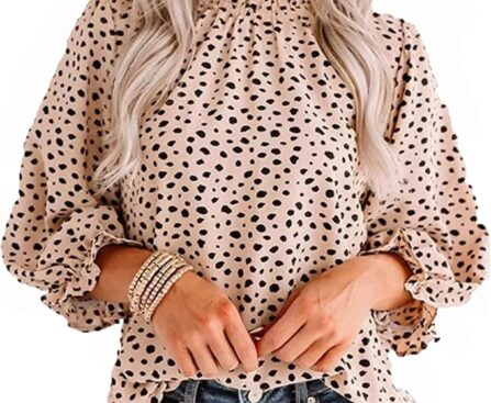 Avanova Women Polka Dot Long Sleeve Blouse Shirts Work Mock Neck Ruffle Top
