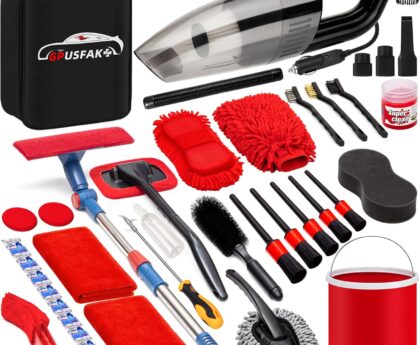 41Pcs Car Wash Cleaning Kit with High Power Handheld Vacuum Windshield Cleaning Tool Collapsible Bucket Detailing Brushes Tire Brush Towels Complete Detailing Set for Car
