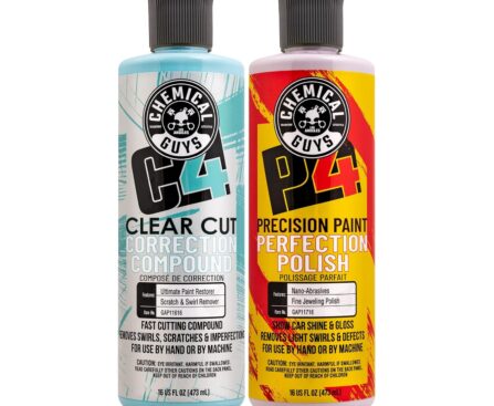 Chemical Guys C4 & P4 Clear Cut Correction Compound and Precision Paint Perfection Polish Combo – Removes Scratches, Swirls, Towel Marks, and Etching, Restores Gloss, Polishing Kit – 2 x 16 oz