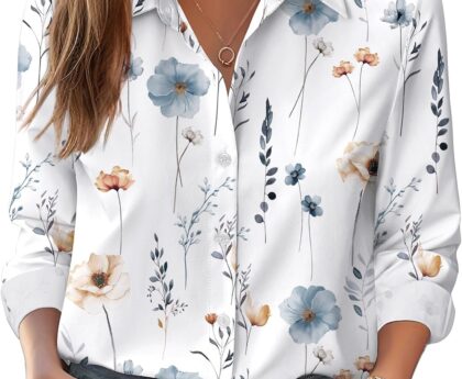 Zeagoo Button Down Shirts for Women Dressy Floral Printed Long Sleeve Blouse Business Casual Work Tops