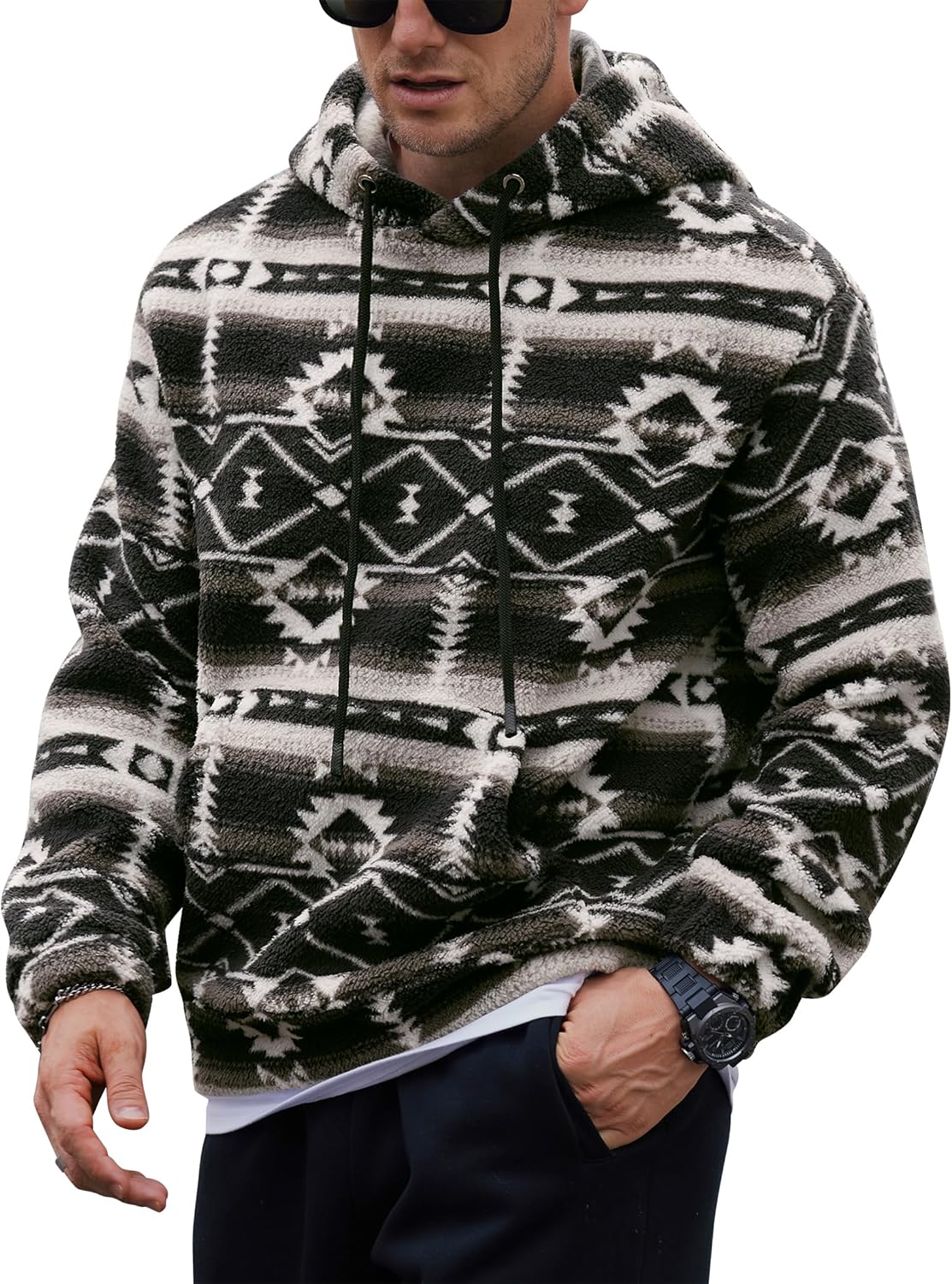 Mens Tribal Aztec Hoodie Sherpa Fluff Allover Print Long Sleeve Thermal Vintage Graphic Sweatshirt (S-XXL)
