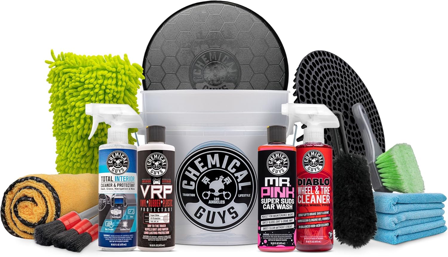 Chemical Guys Car Detailing Kit, Car Cleaning Kit with Total Interior Cleaner & Protectant, Sprayable Wheel Cleaner, Car Wash Soap, Bucket, Brushes, and Detailing Accessories – 16 Piece Wash Kit