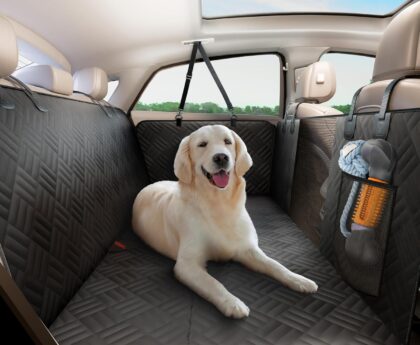ELLINI Dog Car Seat Cover for Back Seat, Hard Bottom Back Seat Extender for Dogs, Holds 400lbs, 600D Heavy Duty Scratch-Proof Waterproof Dog Hammock for Car, SUV