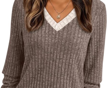 AUTOMET Womens Color Block Long Sleeve Shirt Fall Tops Fashion Outfits Dressy Casual V Neck Tunic Cute Clothes Sweater Trendy