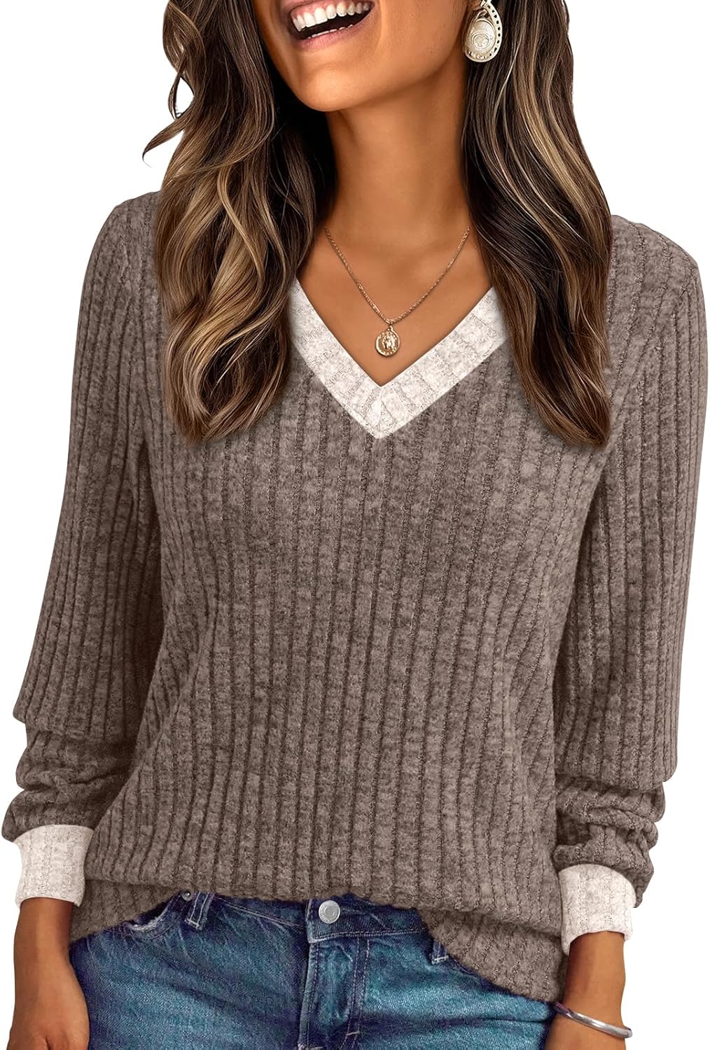 AUTOMET Womens Color Block Long Sleeve Shirt Fall Tops Fashion Outfits Dressy Casual V Neck Tunic Cute Clothes Sweater Trendy