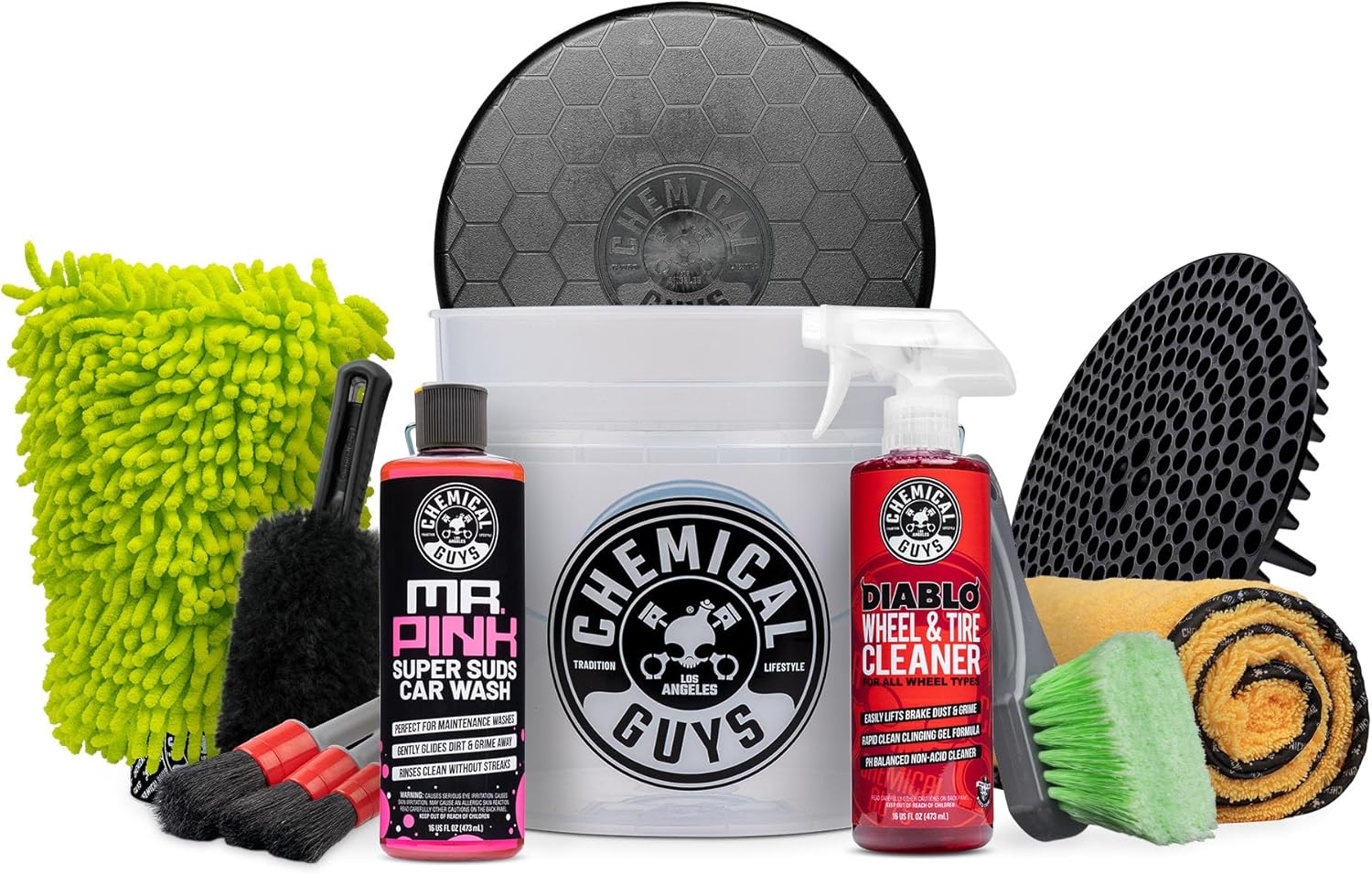 Chemical Guys Car Washing Kit – Mr. Pink Car Wash Soap, Diablo Wheel Cleaner, Wash Bucket with Dirt Trap and Lid, Wash Mitt, Detailing Brushes, Microfiber Towel, 11-Piece