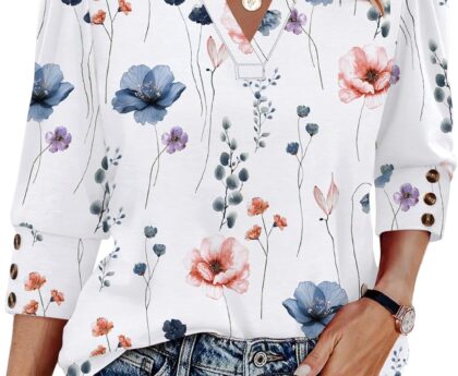 WIHOLL 3/4 Length Sleeve Womens Tops with Button Cuffs Dressy Casual V Neck Summer Outfits Early Fall Fashion Clothes 2025
