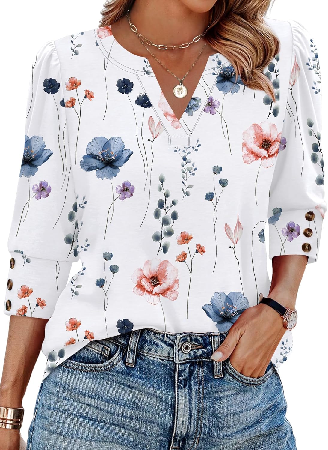 WIHOLL 3/4 Length Sleeve Womens Tops with Button Cuffs Dressy Casual V Neck Summer Outfits Early Fall Fashion Clothes 2025