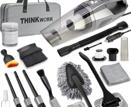 THINKWORK Car Cleaning Kit, Car Vacuum Kit, Gray Car Interior Detailing Kit with 8000PA High Power Vacuum, Including 7Pcs Detailing Brush Set and Bag