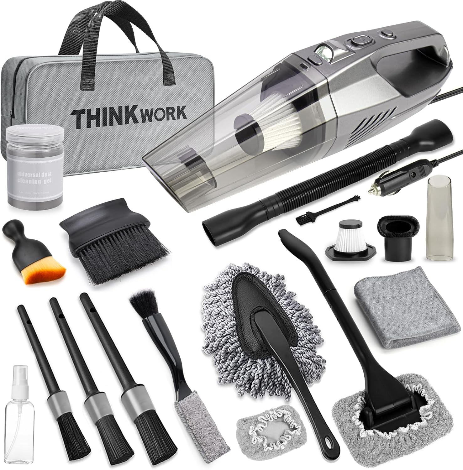 THINKWORK Car Cleaning Kit, Car Vacuum Kit, Gray Car Interior Detailing Kit with 8000PA High Power Vacuum, Including 7Pcs Detailing Brush Set and Bag