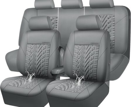 CAR PASS Neoprene Waterproof Seat Covers Full Sets, Wetsuit Car Seat Covers 5 Seats Universal Fit for Vans, Truck, SUV, 3D Tyre Embossed Seat Covers Anti Slip with Armrests, Aibag Compatible(All Gray)