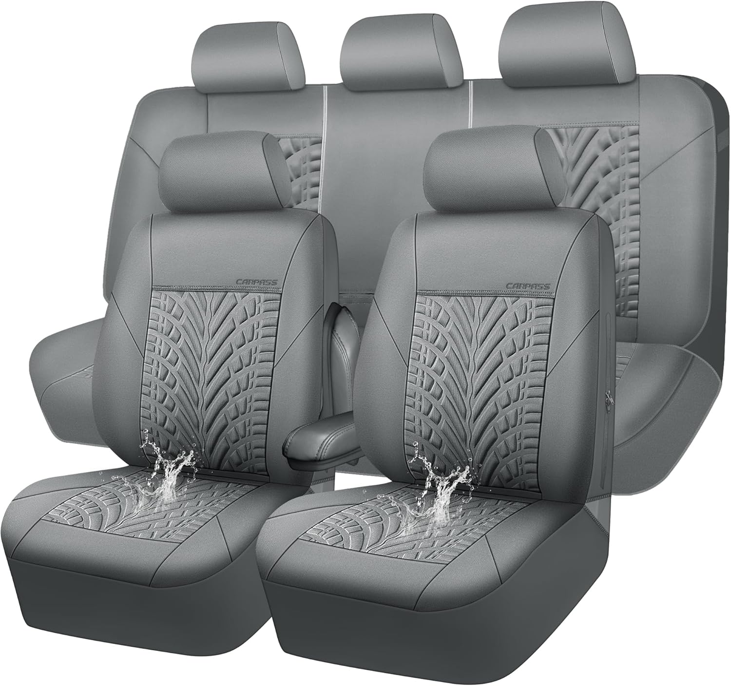 CAR PASS Neoprene Waterproof Seat Covers Full Sets, Wetsuit Car Seat Covers 5 Seats Universal Fit for Vans, Truck, SUV, 3D Tyre Embossed Seat Covers Anti Slip with Armrests, Aibag Compatible(All Gray)