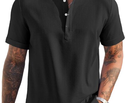 COOFANDY Men’s Linen Henley Shirt Short Sleeve Casual Summer Beach Hippie T Shirts