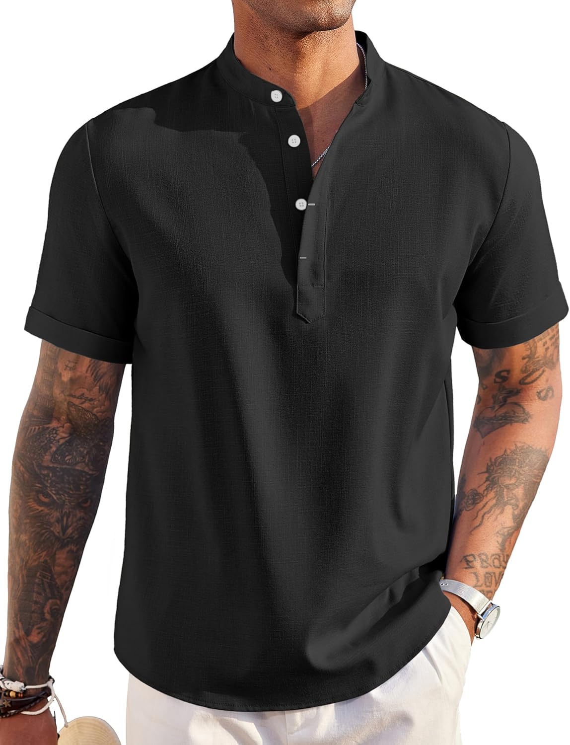 COOFANDY Men’s Linen Henley Shirt Short Sleeve Casual Summer Beach Hippie T Shirts