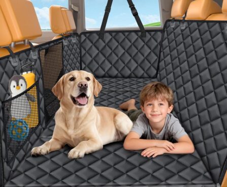 URPOWER Backseat Extender for Dogs – Hard Bottom Dog Car Seat Cover for Back Seat, Dog Hammock for Car, SUV, and Truck, Pet Rear Seat Protector Dogs Travel Bed with Mesh Window & Side Flaps