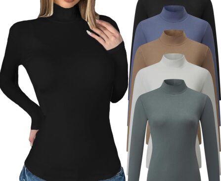 5 Pack Womens Long Sleeve Tops Mock Turtleneck Basic T Shirt Fall Stretch Tight Fitted Thermal Shirts