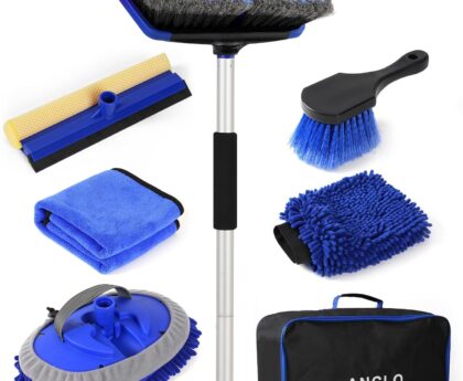 62” Car Wash Brush with Long Handle, Scratch-Free Car Wash Mop Kit with Wheel Tire Brush, Wash Mitt Towel, Windshield Squeegee, Car Cleaning Brush Kit for Cars RV Truck Boat