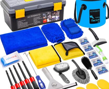 AUTODECO 30Pcs Car Wash Cleaning Kit – Car Care Wash Tools Set Car Detailing Set with Collapsible Bucket Snow Shovel