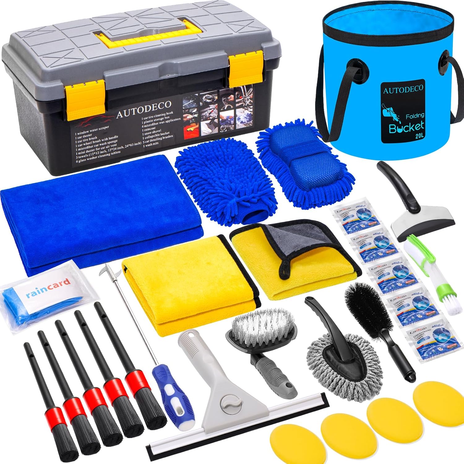 AUTODECO 30Pcs Car Wash Cleaning Kit – Car Care Wash Tools Set Car Detailing Set with Collapsible Bucket Snow Shovel
