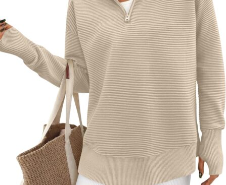 PRETTYGARDEN Womens Long Sleeve Quarter Zip Pullover Sweater Casual Loose V Neck Collared Ribbed Knit Jumper Tops Thumb Hole