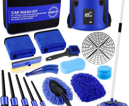 21Pcs Car Wash Kit,62″ Car Wash Brush Mop with Long Handle,Car Cleaning Kit,Car Detailing Brush Set,Car Wash Bucket with Filter,Windshield Window Squeegee for Cars RV Truck Boat (Blue)