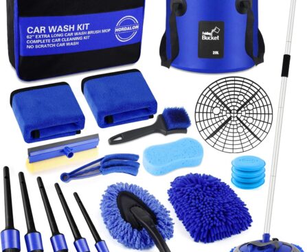 21Pcs Car Wash Kit,62″ Car Wash Brush Mop with Long Handle,Car Cleaning Kit,Car Detailing Brush Set,Car Wash Bucket with Filter,Windshield Window Squeegee for Cars RV Truck Boat (Blue)