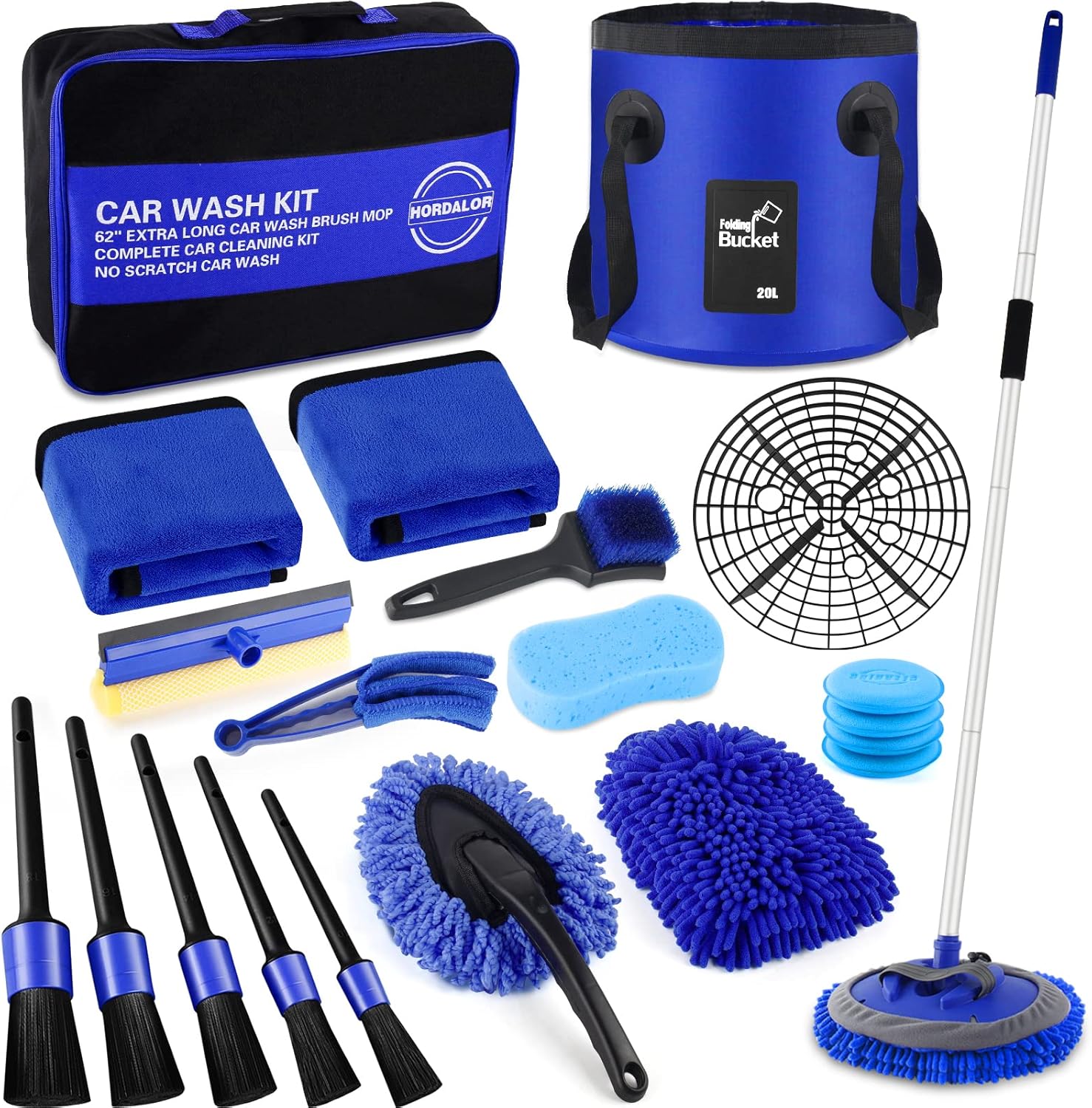 21Pcs Car Wash Kit,62″ Car Wash Brush Mop with Long Handle,Car Cleaning Kit,Car Detailing Brush Set,Car Wash Bucket with Filter,Windshield Window Squeegee for Cars RV Truck Boat (Blue)
