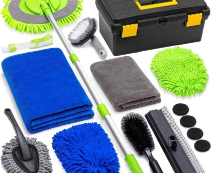 14Pcs Car Cleaning Kit Blue – Car Wash Brush with Long Handle Car Washing Mop, Car Detailing Kit for Cars, Trucks, SUVs, Jeeps