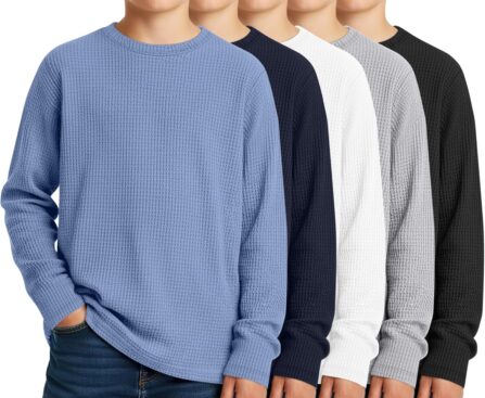5 Pack Boy’s Long Sleeve Shirts, Waffle Knit Crew Neck Tops T-Shirts Basic Layer Undershirts 5-14 Years Kids